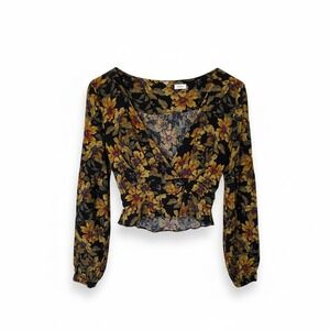 Free People Black Floral Print Long Sleeve V Neck Cropped Blouse Top Size 2